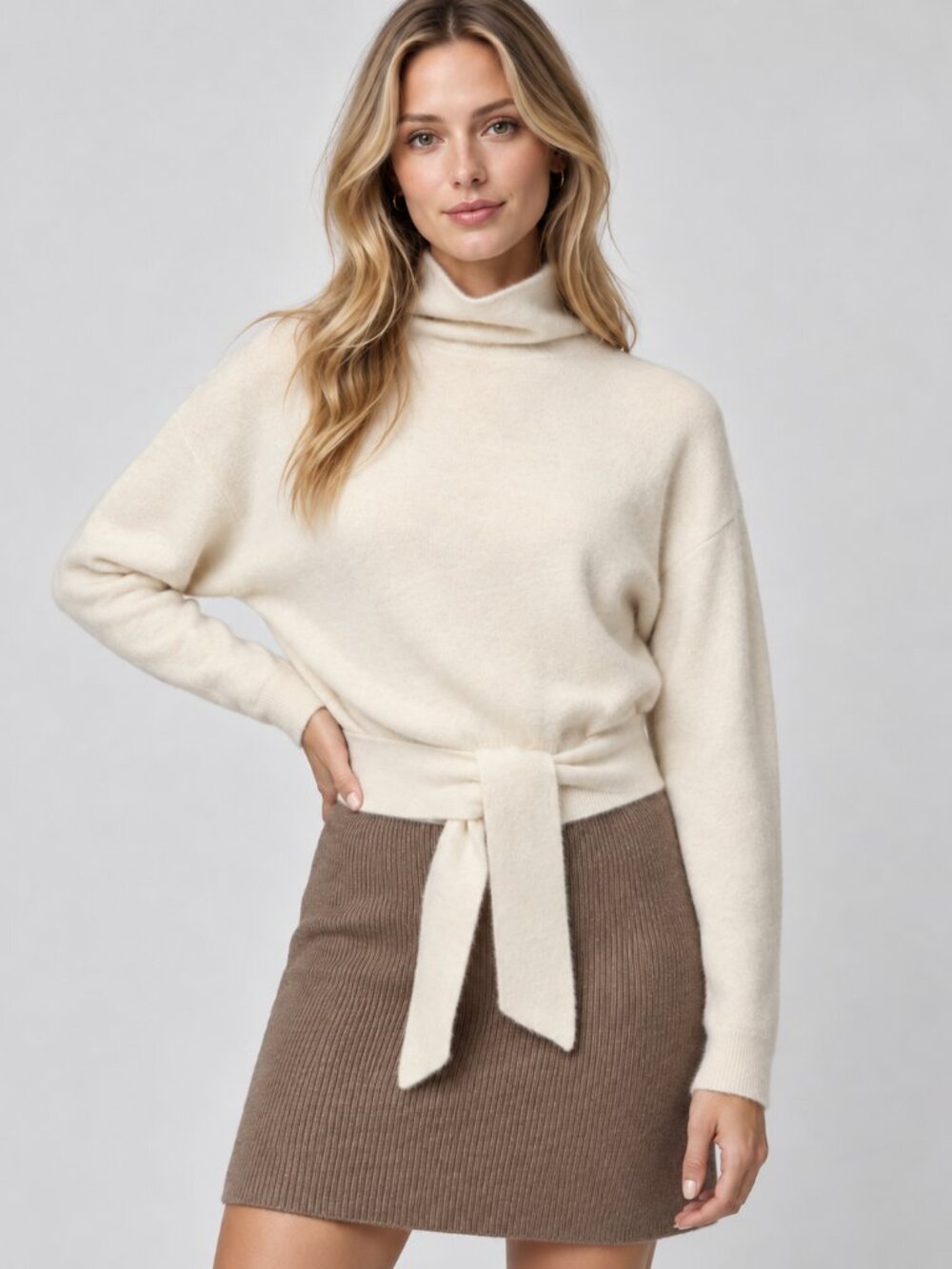 Women’s Cream Tie-Waist Turtleneck Sweater